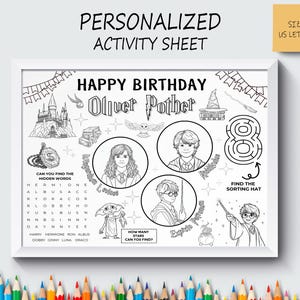 May include: A black and white printable activity sheet for a child's birthday. The sheet features a Harry Potter theme with a maze, word search, and a character colouring page. The sheet is personalised with the name "Oliver Pother" and the age "8".