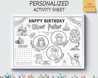 Personalized Witch & Wizard Party Favor, Halloween Placemat, Wizard Witch Coloring Sheet, Kids Activity, Not Instant Download, Digital File