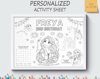 Personalized Rapunzel Party Favor, Movie Placemat, Cute Coloring Sheet, Kids Activity, Not Instant Download, Digital File