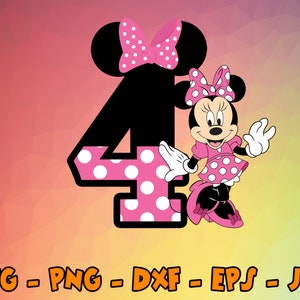 Geburtstag Minnie Mouse Svg, Cupcake Toppers, Cupcake Pick, 4th Birthday, Number Four Cute Mouse Digital Design Cricut, Svg, Png, Eps, Dxf, Jpg