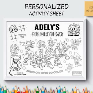 Gepersonaliseerde Sonic The Hedgehog-feestgunst, filmplacemat, schattige kleurplaat, kinderactiviteit, niet direct downloaden, digitaal bestand