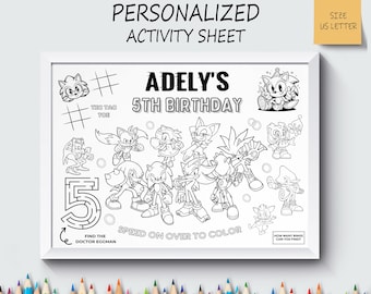 Personalized Sonic The Hedgehog Party Favor, Movie Placemat, Cute Coloring Sheet, Kids Activity, Not Instant Download, Digital File