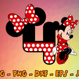 Compleanno Minnie Mouse Svg, Cupcake Toppers, Cupcake Pick, 4 ° compleanno, Numero quattro Cute Mouse Digital Design Cricut, Svg, Png, Eps, Dxf, Jpg