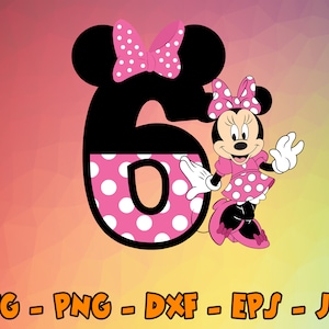 Anniversaire Minnie Mouse Svg, Cupcake Toppers, Cupcake Pick, 6ème anniversaire, Numéro Six Cute Mouse Digital Design Cricut, Svg, Png, Eps, Dxf, Jpg