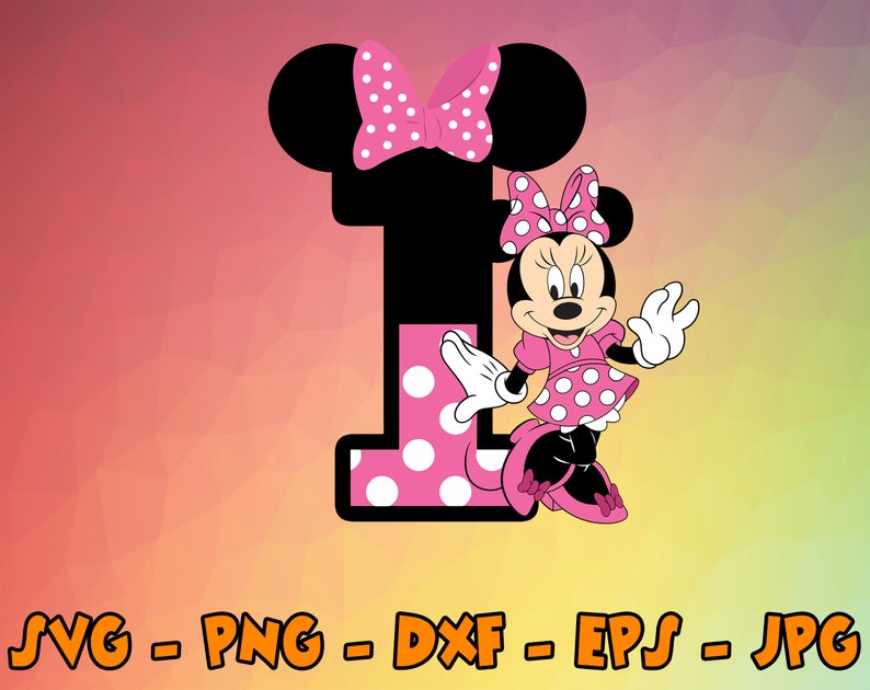 Pu&ograve; includere: Un numero uno rosa e bianco a pois con un fiocco rosa e un'immagine di Minnie Mouse dei cartoni animati che indossa un vestito rosa e bianco a pois.