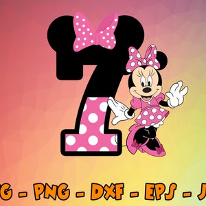 Compleanno Minnie Mouse Svg, Cupcake Toppers, Cupcake Pick, 7 ° compleanno, Numero sette Carino Mouse Digital Design Cricut, Svg, Png, Eps, Dxf, Jpg