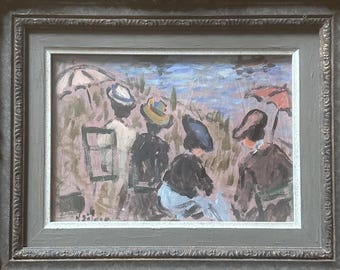 Henri St. Clair (1899 - 1990) Mujeres elegantes junto al mar, escena costera francesa, pintura al gouache, arte de mediados de siglo, pintura costera vintage.