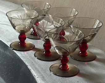 set of 6 small aperitif liquor glasses shot glass digestive cut crystal vintage retro by foot red ball smoked glass Strahlenstern