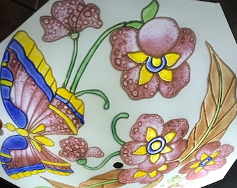 ceiling basin art deco 1930 floral pattern petals butterflies glass paste chandelier lampshade suspension opaque glass enamel