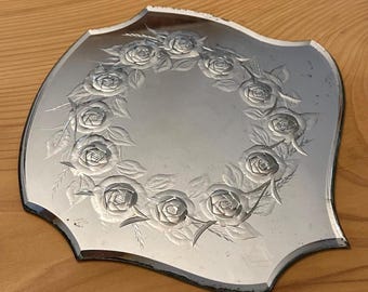 engraved mirror roses handmade crafts Malakoff beveled edge crown with roses frameless flat mirror tray free form vintage decor