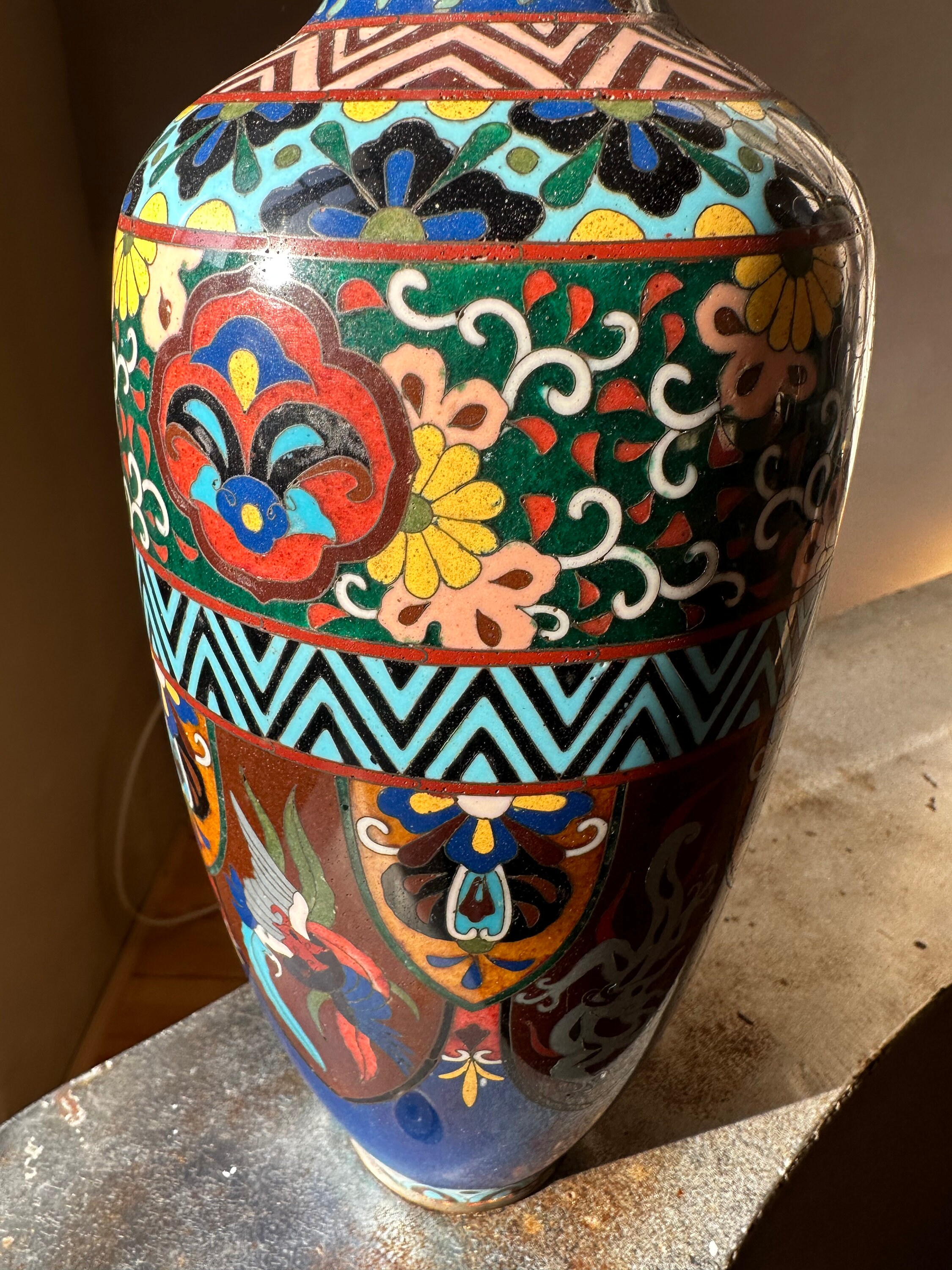 Old Japanese Vase Meiji Period Cloisonné Floral and Geometric