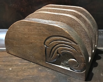 letter holder napkin holder art deco school Amsterdam oak wood Acanthus leaf pattern carved interior design table art crafts