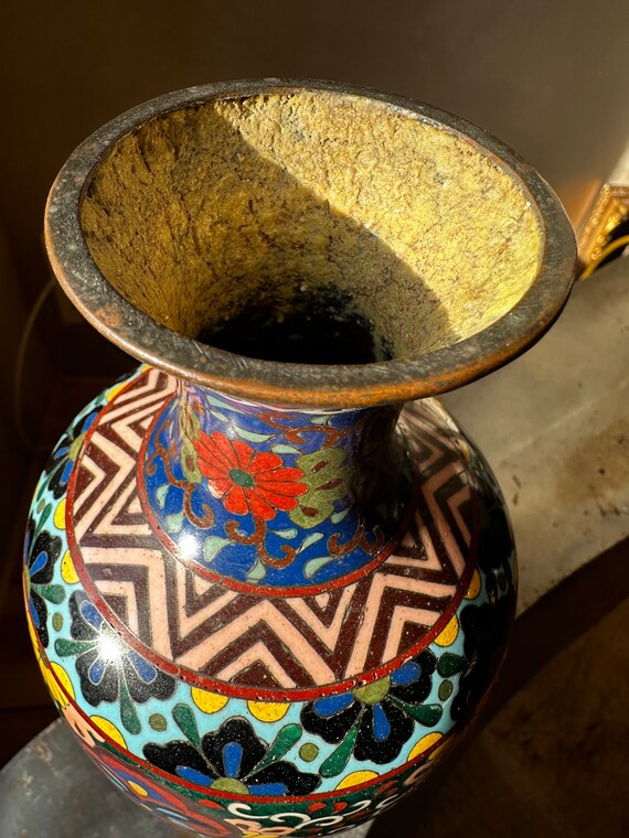 Old Japanese Vase Meiji Period Cloisonné Floral and Geometric