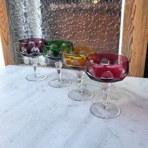 lot of 4 champagne glasses / dessert manufacture Nachtmann crystal lead oxide 4 colors Überfang glass plated Vintage