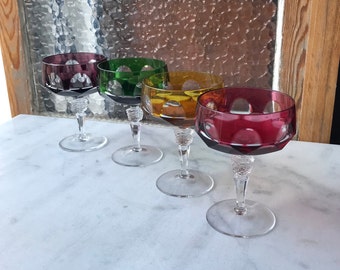 lot of 4 champagne glasses / dessert manufacture Nachtmann crystal lead oxide 4 colors Überfang glass plated Vintage