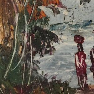 David Addogo oil on wooden panel banana crate painting Congo African art from Brazzaville painting in thick layers