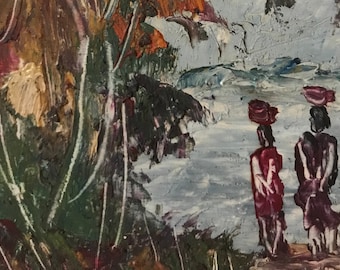 David Addogo oil on wooden panel banana crate painting Congo African art from Brazzaville painting in thick layers