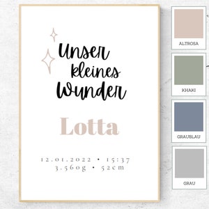 Poster "Unser kleines Wunder" - auf Wunsch personalisiert mit Geburtsdaten, Geburtsposter, Geschenk zur Geburt, Deko für Kinderzimmer