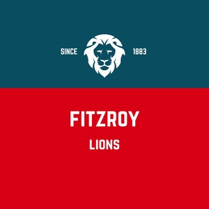 May include: A white lion head logo on a dark blue background with the text "SINCE 1883". Below the logo, on a red background, is the text "FITZROY LIONS".