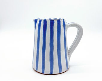 Pitcher Jug Mediterranean Handmade White with Blue Lines - 600 ml