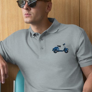Vintage Vespa Men&#39;s Embroidery Polo Shirt, blue Motorbike, motorbike design, Italian Scooter, classic Motorcycle Polo, bike club gift