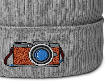 Camera Baseball beanie, Photographer gift, retro camera, embroidered beanie, Photography Graphic, Organic Cotton Hat