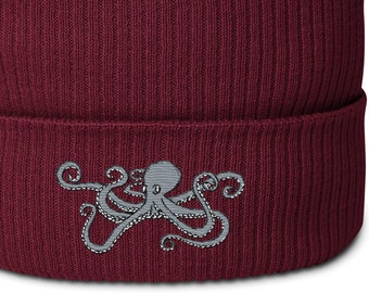 Octopus Organic Ribbed Beanie, Sea Life Beanie, Octopus Embroidery, Ocean Animal, Diver hat, Underwater Beanie, Beanie, Snorkel, Captain