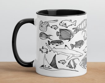 Reef Life Ceramic Mug, Underwater Illustration Coffee Cup, turtle Drawing, Shark world, Sting Ray Tea Mug, Reef Fish Print