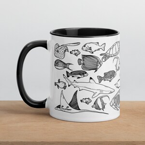 Reef Life Ceramic Mug, Underwater Illustration Coffee Cup, turtle Drawing, Shark world, Sting Ray Tea Mug, Reef Fish Print