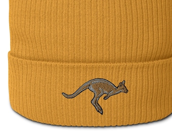 Kangaroo Beanie, Roo Organic Ribbed Beanie, Australian wildlife Beanie, Kangaroo embroidery, Kangaroo Beanie, Wallabies, Aussie animal
