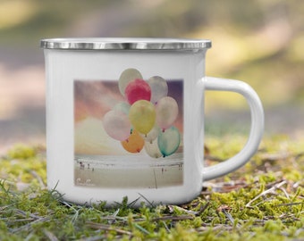 Beach Balloons Enamel Mug, Beach Balloons, colourful balloons, retro beach scene, Watercolour balloons, Pastel colours, Vintage beach