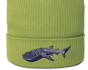 Whale Shark Organic ribbed beanie, Eco Hat, Ocean Animal Embroidery, Diver Beanie gift, Underwater hat, Whale embroidery, Snorkelling Beanie