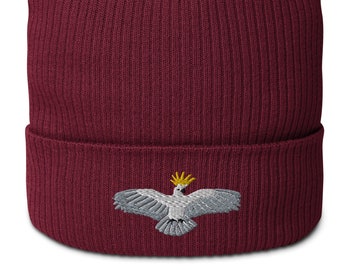 Landing Cockatoo Organic Cotton Ripped Beanie, Bird Embroidery, Cockatoo Lover, white cheeky bird, flying bird, animal hat, Jungle animal