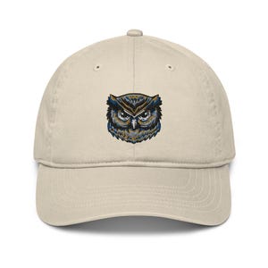Owl embroidered organic cotton baseball cap, owl portrait, bird embroidery, owl lover, striking eyes, owl bird