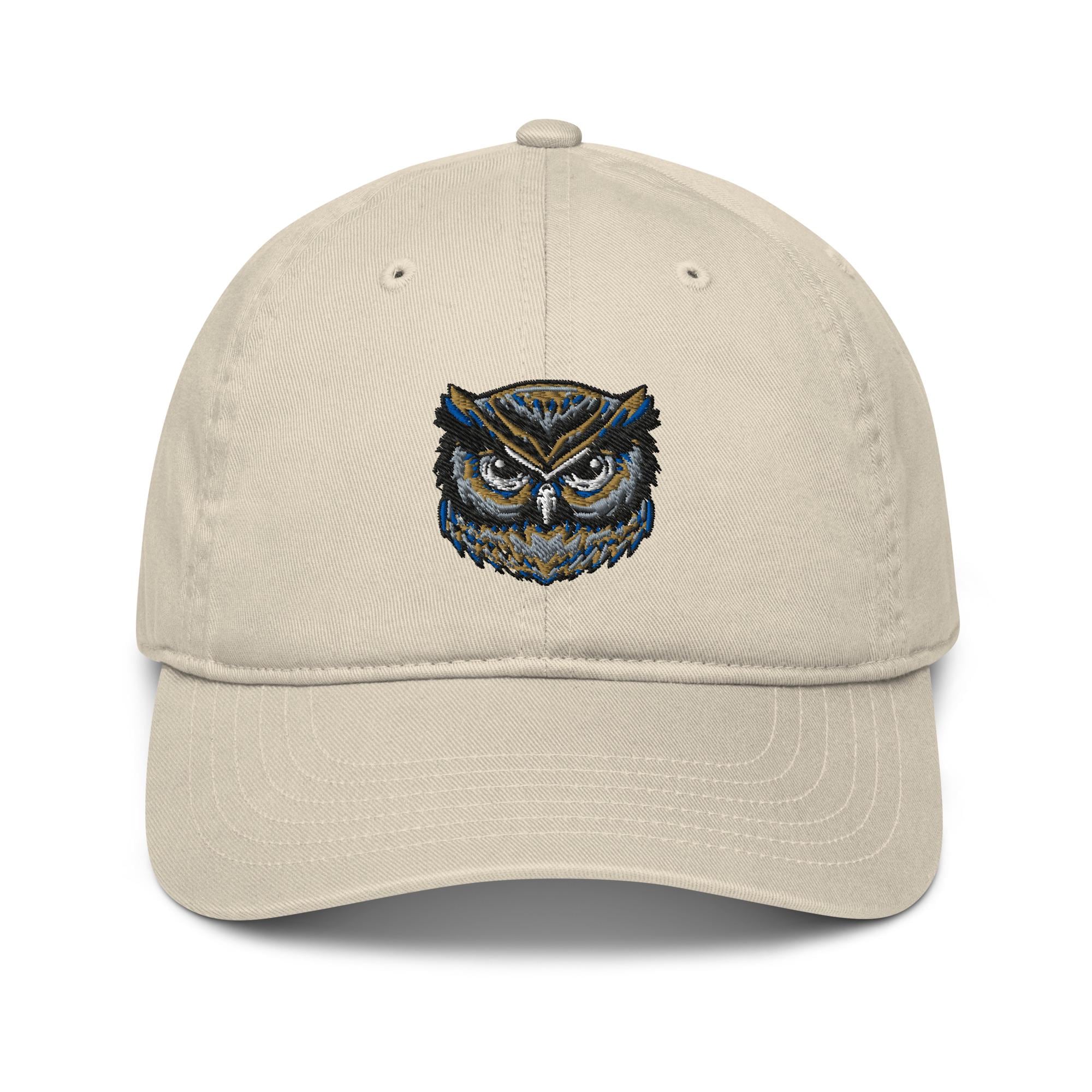 Owl embroidered organic cotton baseball cap, owl portrait, bird embroidery, owl lover, striking eyes