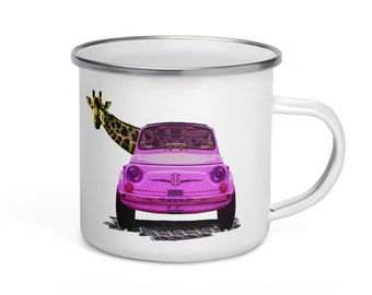 Giraffe in pink car Enamel Mug, safari mug, animal gift, italian vintage car, africa giraffe shirt, pink car print, Giraffe mug