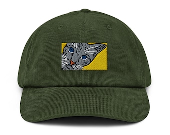 Kitty Cat Corduroy hat, cat embroidery, kitty design hat, unique cat cap, cat brother gift, cool uncle cat cap gift