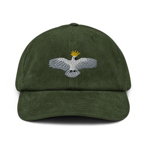 Landing Cockatoo Corduroy hat, Bird Embroidery, Cockatoo Lover, white bird, cheeky bird, flying bird design, animal cap, Jungle animal