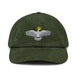 Landing Cockatoo Corduroy hat, Bird Embroidery, Cockatoo Lover, white bird, cheeky bird, flying bird design, animal cap, Jungle animal