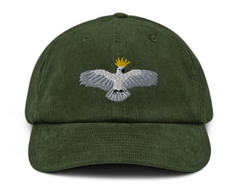 Landing Cockatoo Corduroy hat, Bird Embroidery, Cockatoo Lover, white bird, cheeky bird, flying bird design, animal cap, Jungle animal