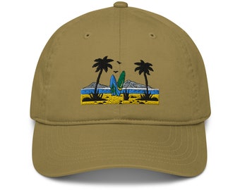 Sea and Surf Embroidered Cap, Coastal scene cap, Tropical surf cap, Ocean wave embroidery, Surfboard, Beach scene, Surf and sun hat