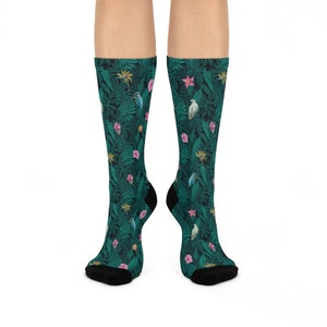 Tropical Forest socks, All-over print, Bird socks, Cockatoo Kingfisher, Forest Plants, Unique socks, Green Leaves