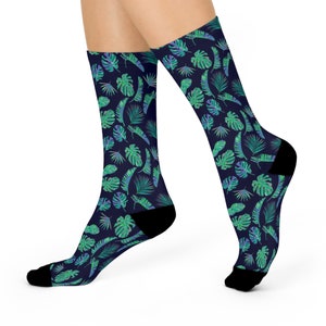 Neon Leaves crew socks, All-over print, Banana Leaves, green leaves print, party socks, tropical socks Expired