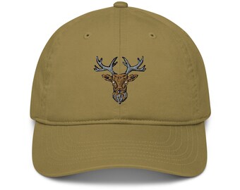 Forest King Organic Baseball cap, red deer art, stag cap, deer hat, forest animal gift, camping hat, forest cap, deer embroidery