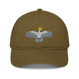 Landing Cockatoo Cap Organic Cap, Bird Embroidery, Cockatoo Lover, white bird, cheeky bird, flying bird design, animal cap, Jungle animal