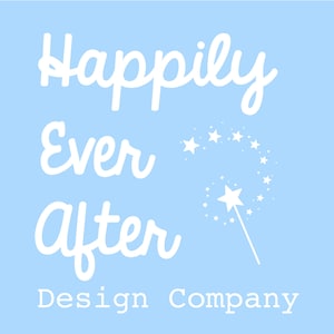 May include: A light blue background with white text that reads "Happily Ever After Design Company". A white magic wand with stars is to the right of the text.