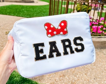 Pochette oreilles - Pochette Disney - Pochette XL en nylon Disney - Trousse à cosmétiques Disney Sacs de voyage Disney. Sac à oreilles Disney avec patch nœud. Sac de vacances Disney