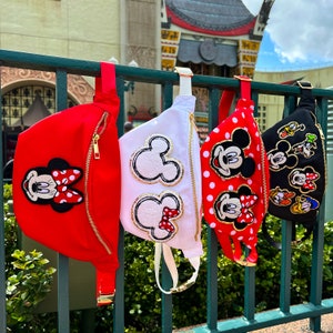 NOW SEWN ON*** Mickey Fanny Pack. Minnie Fanny Pack. Disney Vacation Bag. Jumbo Fanny pack Extended Strap Fanny Pack. Disney Fanny Pack