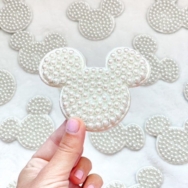High Quality White Pearl Mickey Patches. Mickey Patch with pearls and adhesive backing. Adhesive Pearl Castle patches for Nylon Bags.