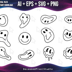 Trippy Drippy Smiley Face Clipart Bundle: Groovy Melting Emoji Vector (SVG, PNG, EPS, Ai)